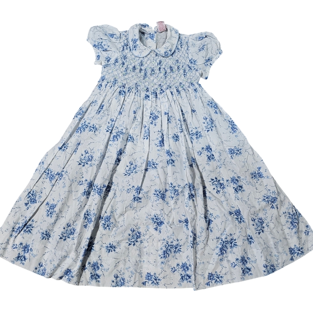 Vtg UR IT Floral Smocked Maxi Dress 5 Blue white Green Spring Easter Girls